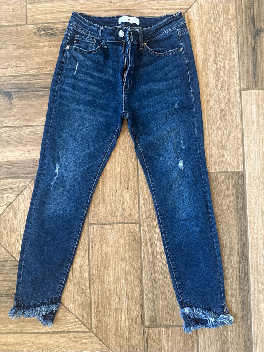 KanCan Indigo Distressed Cropped Jeans with Frayed Ankles